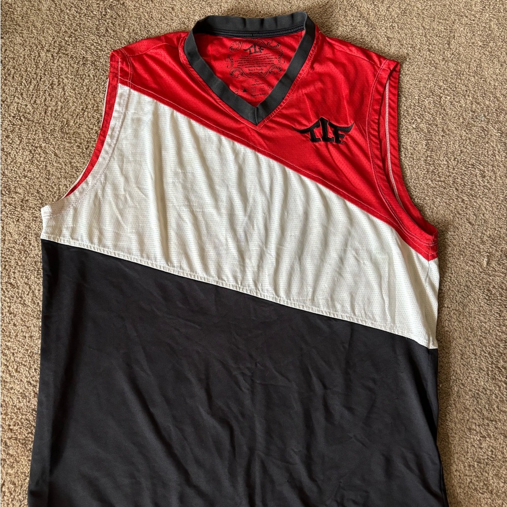 Red, White, and Black Sleeveless Top